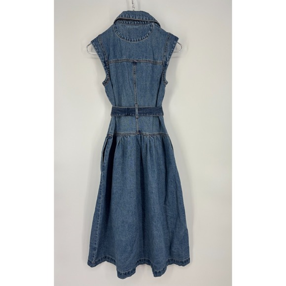 Future Collective Jenee Naylor Dress 0 Blue Denim Sleeveless Button Up Pockets - Picture 8 of 11